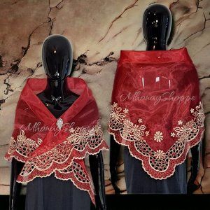Maroon-Handmade Filipino Alampay Shawl – Organza Cutwork Embroidery w/ Brooch